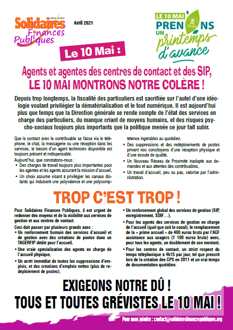 2021 05 03 appel grève du 10 mai tract solidaires sip centres de contact
