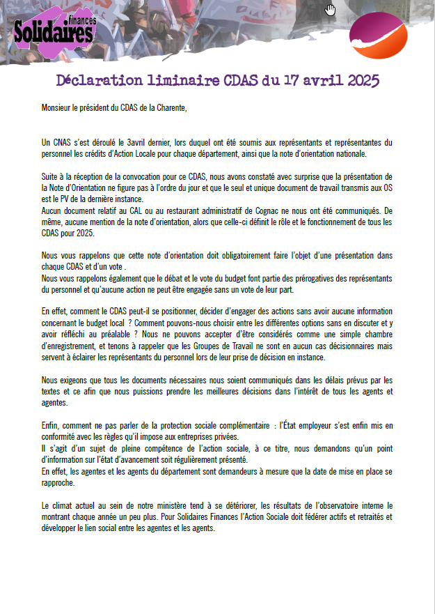 Décla liminaire Solidaires Finances 17 04 2025 page 1