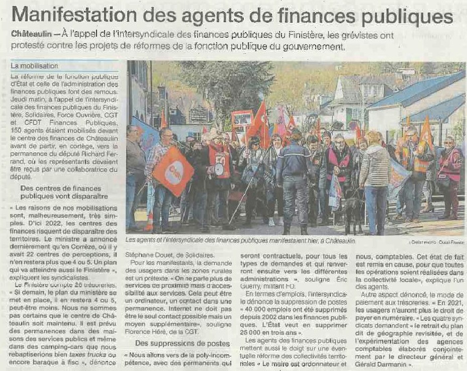 28 03 19 Article Ouest France grève et manif à Châteaulin