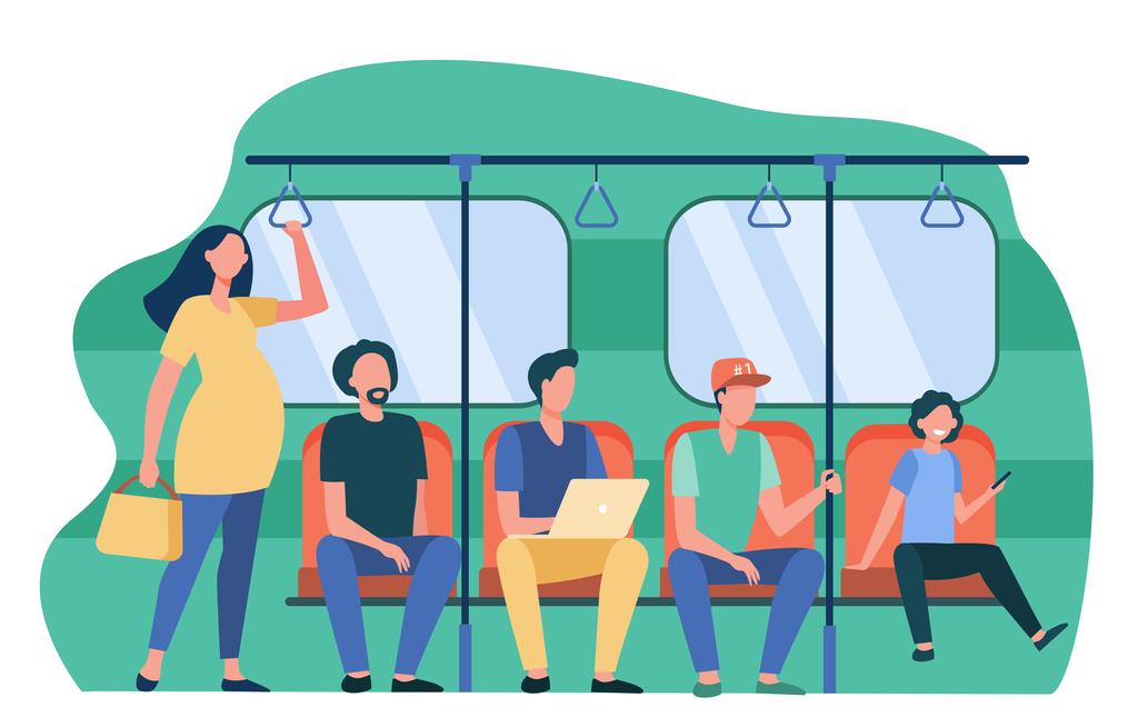 Pregnant woman standing by impolite subway train passengers. Men sitting on seats flat vector illustration. Society problems, public transport concept for banner, website design or landing web page