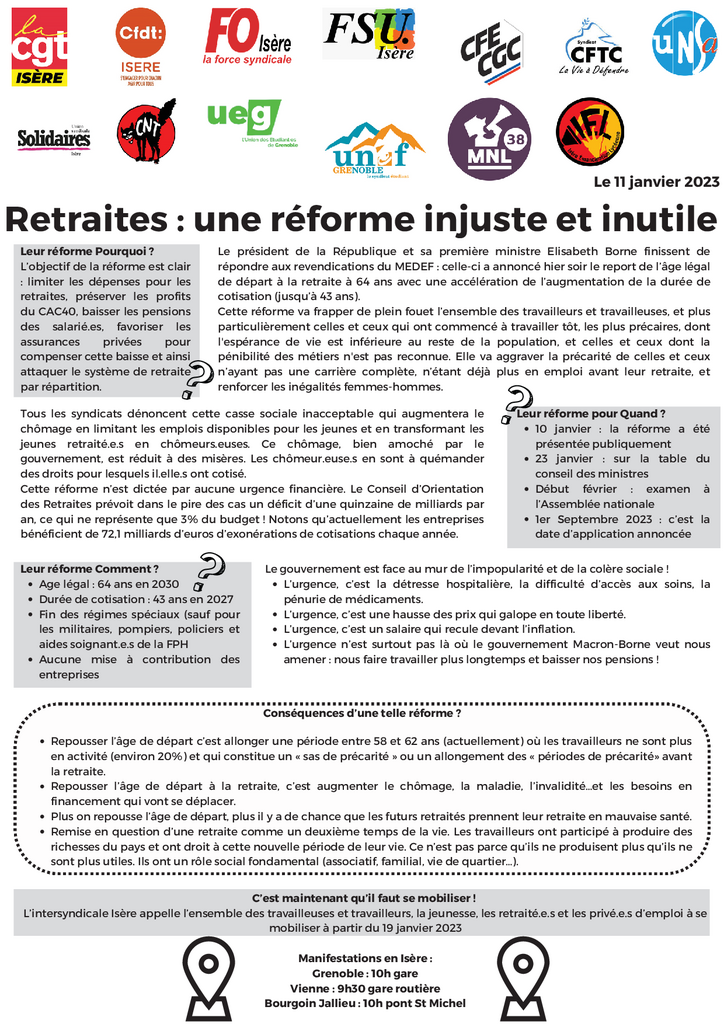 Tract Intersyndical Isère 11 janvier 2023