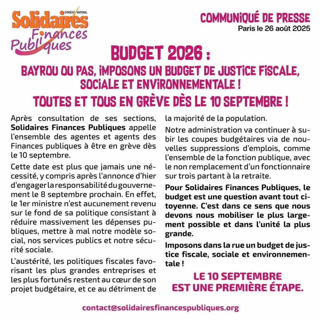 Grève 10 septembre 2025 Solidaires Finances Publiques
