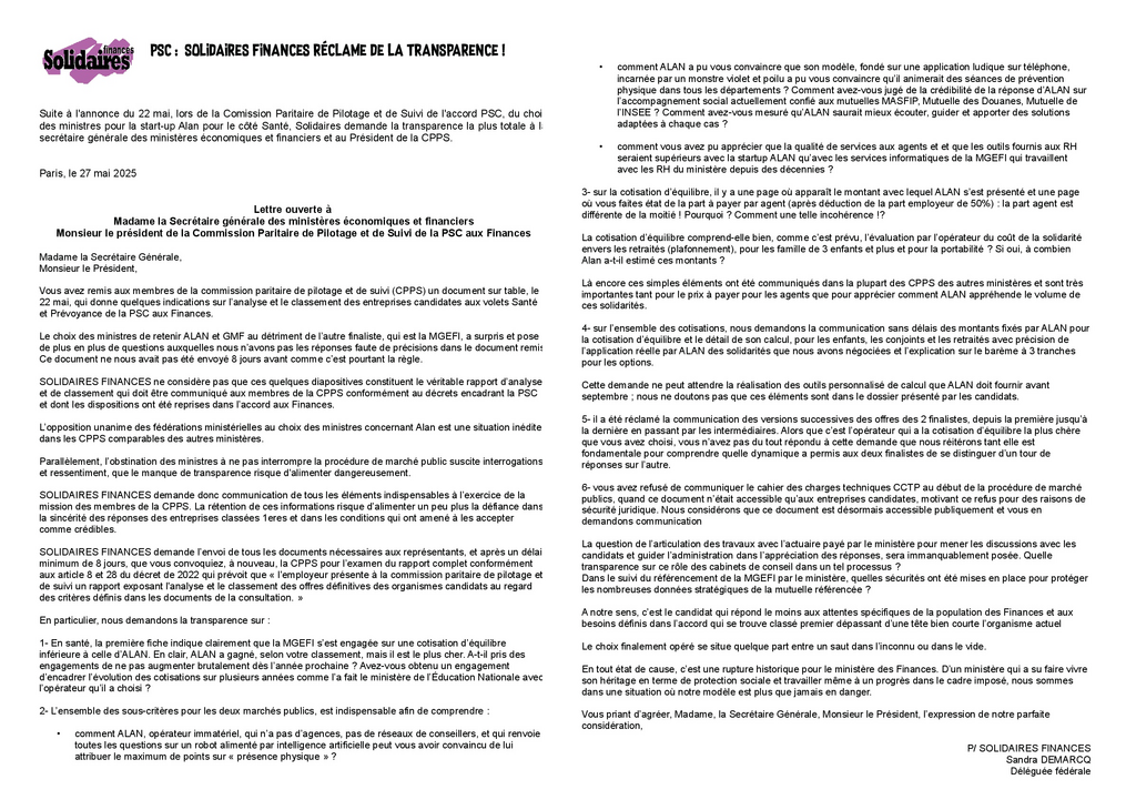 Courrier secrétaire générale PSC
