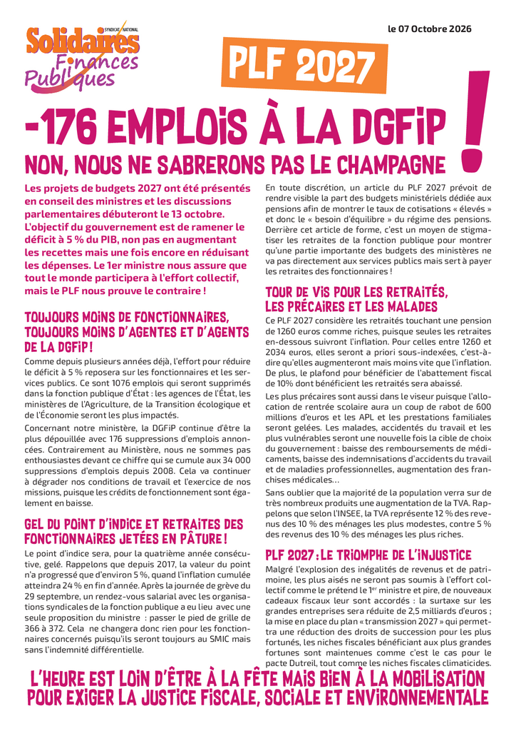 -176 emplois à la DGFiP - PLF2027