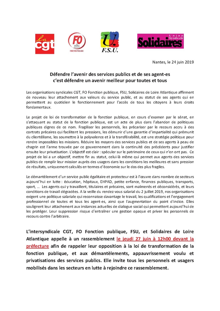 Appel à rassemblement services Publics 27juin19