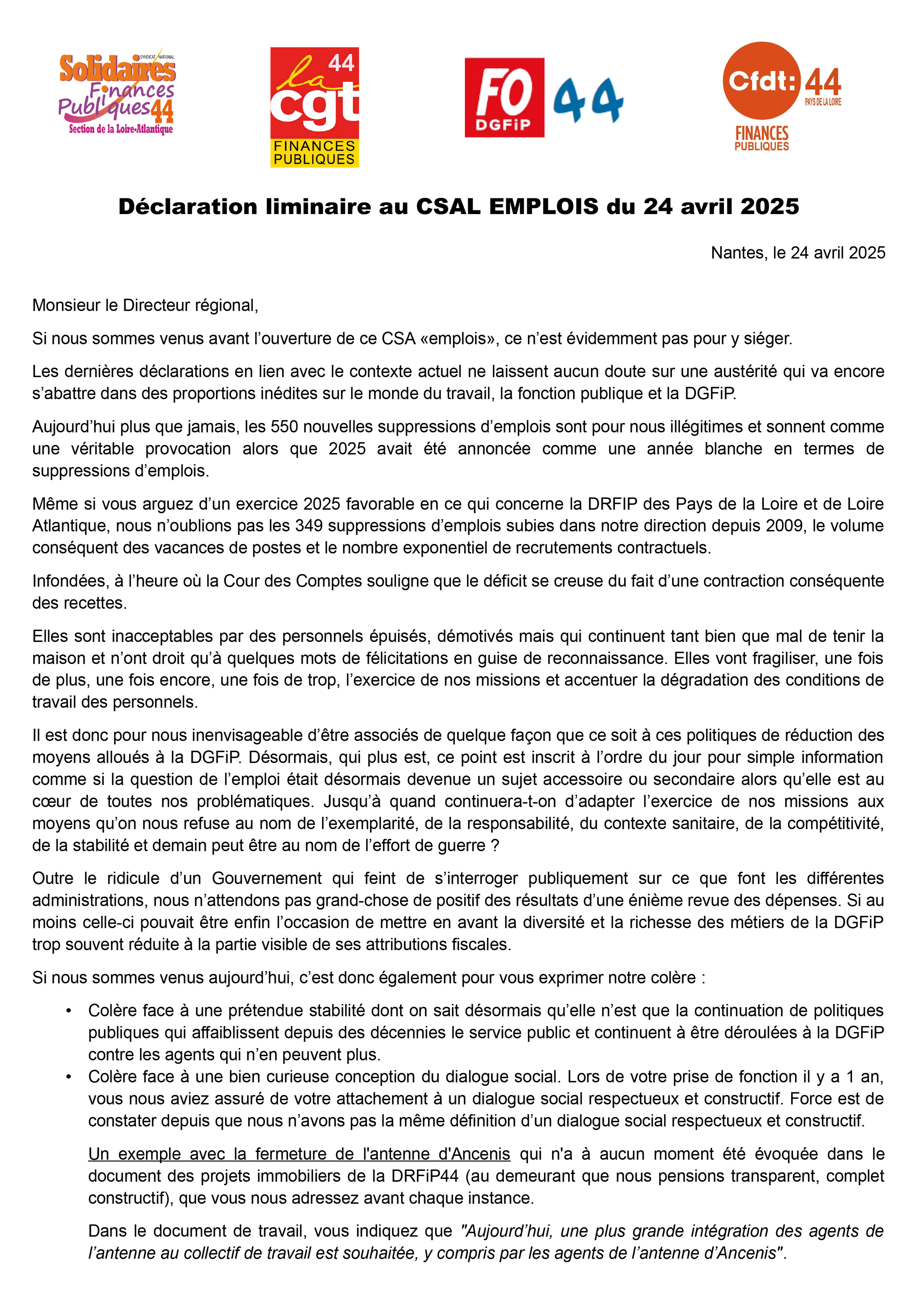 Déclaration liminaire intersyndicale 1