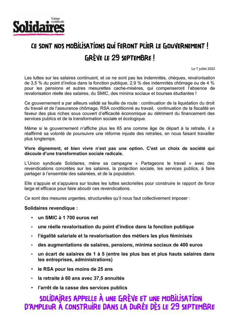 tract appel Solidaires 29 septembre