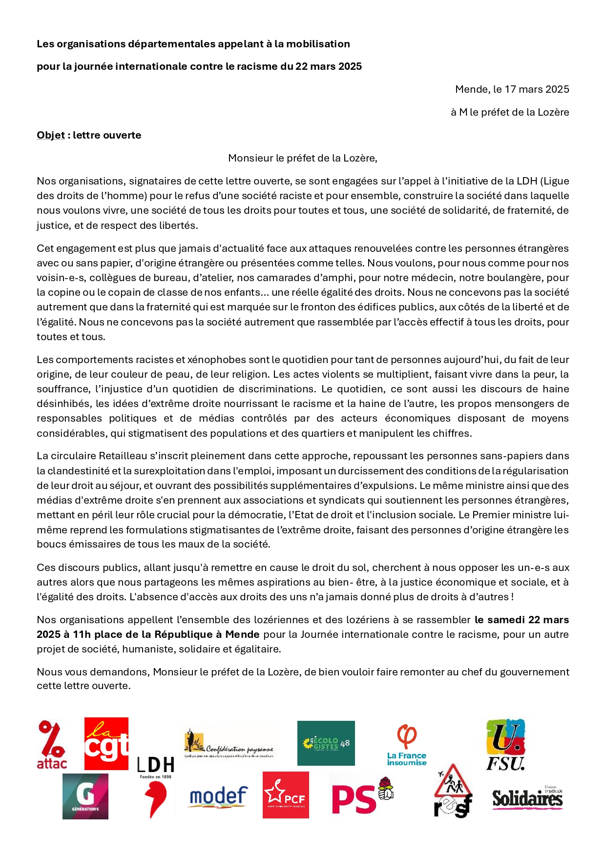 Lettre ouverte au prefet de l a Lozère pour 22 mars 2025 page 0001