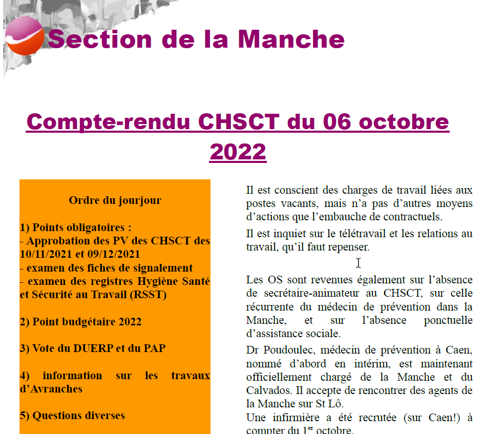 CR CHSCT du 6 octobre 2022
