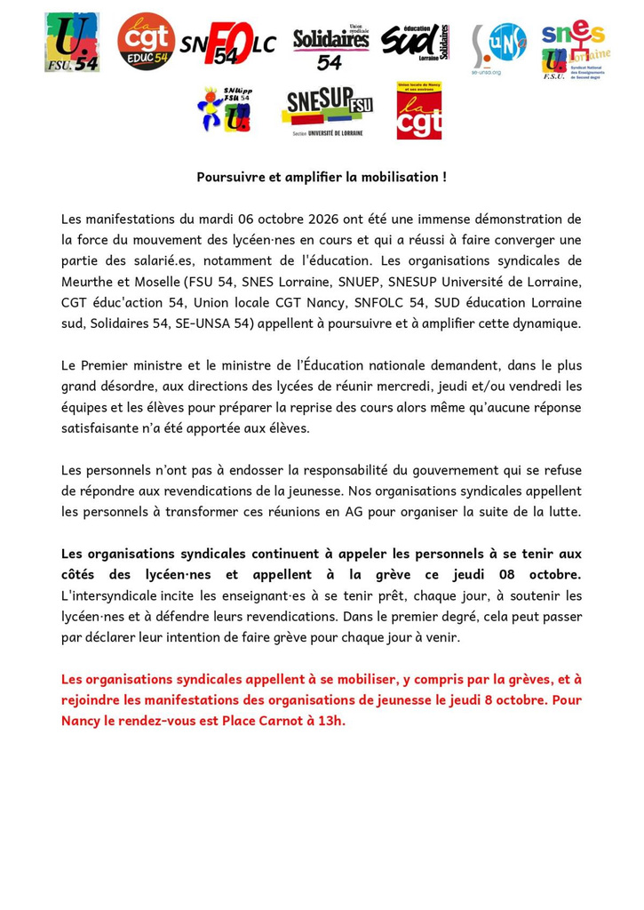 Communiqué 8 octobre