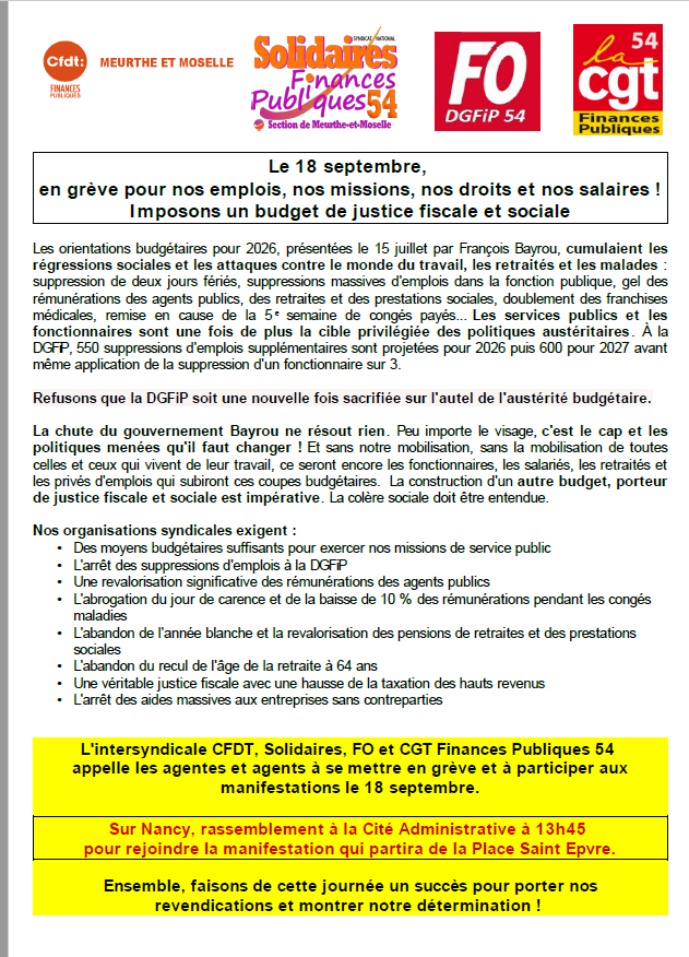 Tract intersyndicale DDFIP54 18 septembre 2025