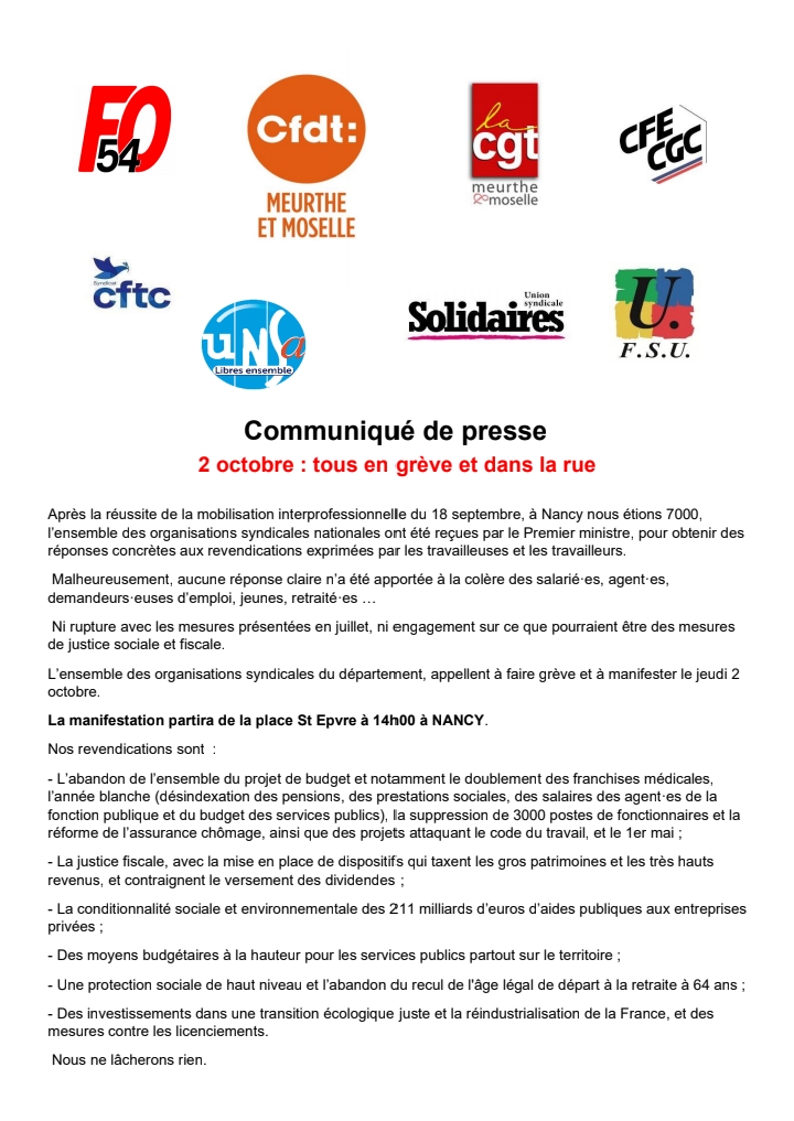 communiqué de presse intersyndical pour le 2 octob 250929 134447