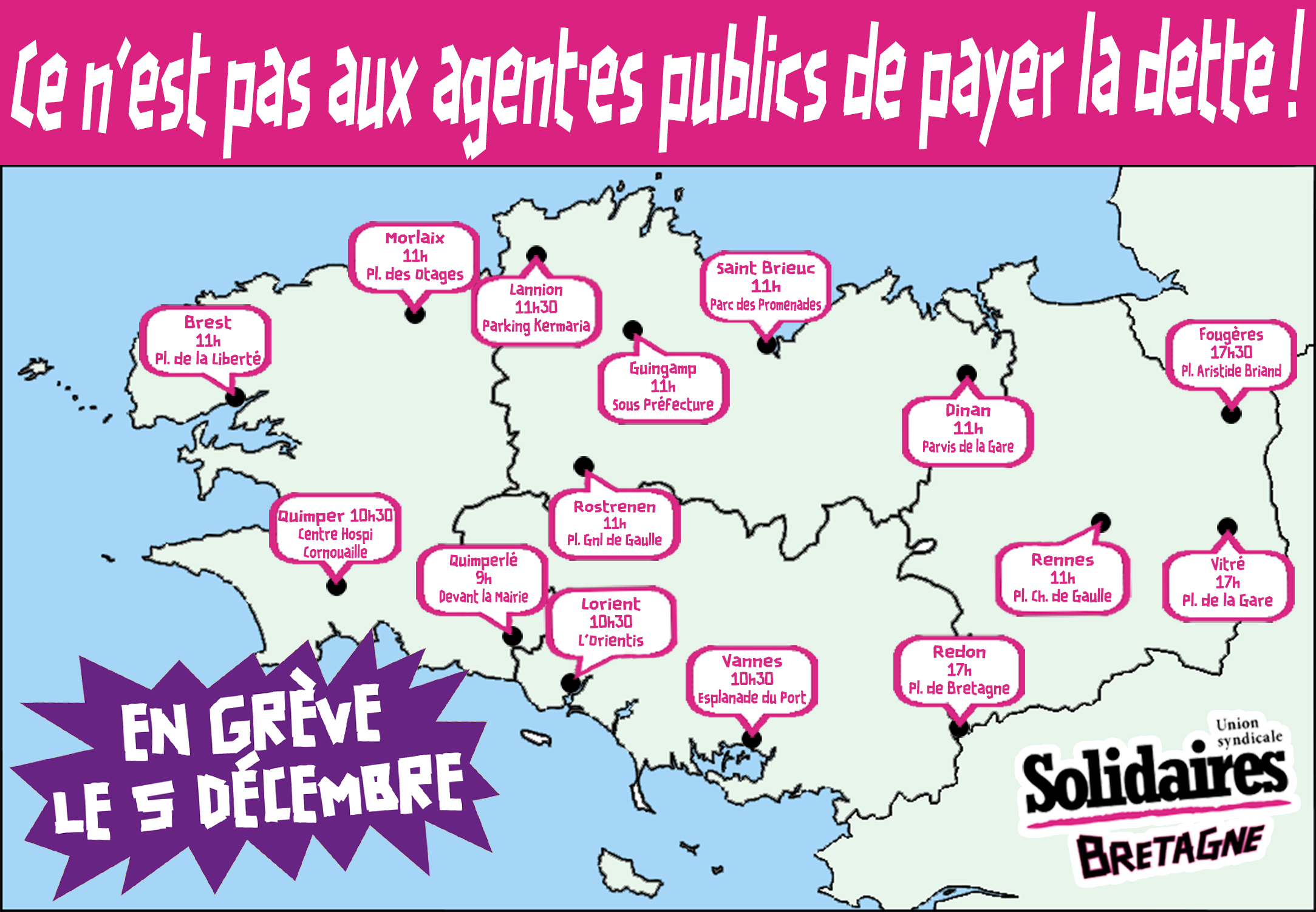 Carte des manifs de Bretagne du 5 décembre 2024 bandeau