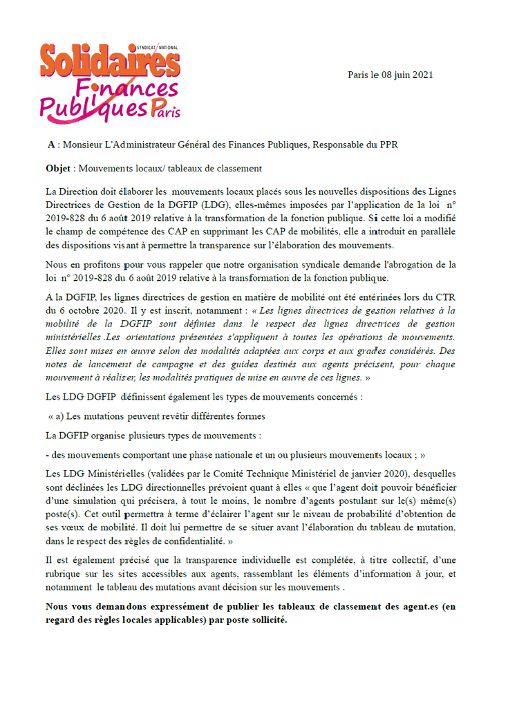 Lettre de Solidaires concernant les mutations