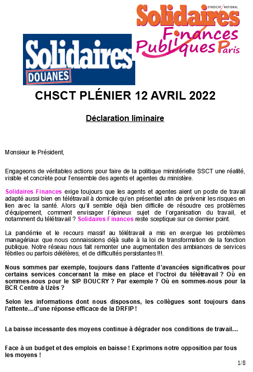 Liminaire CHSCT du 12 04 2022