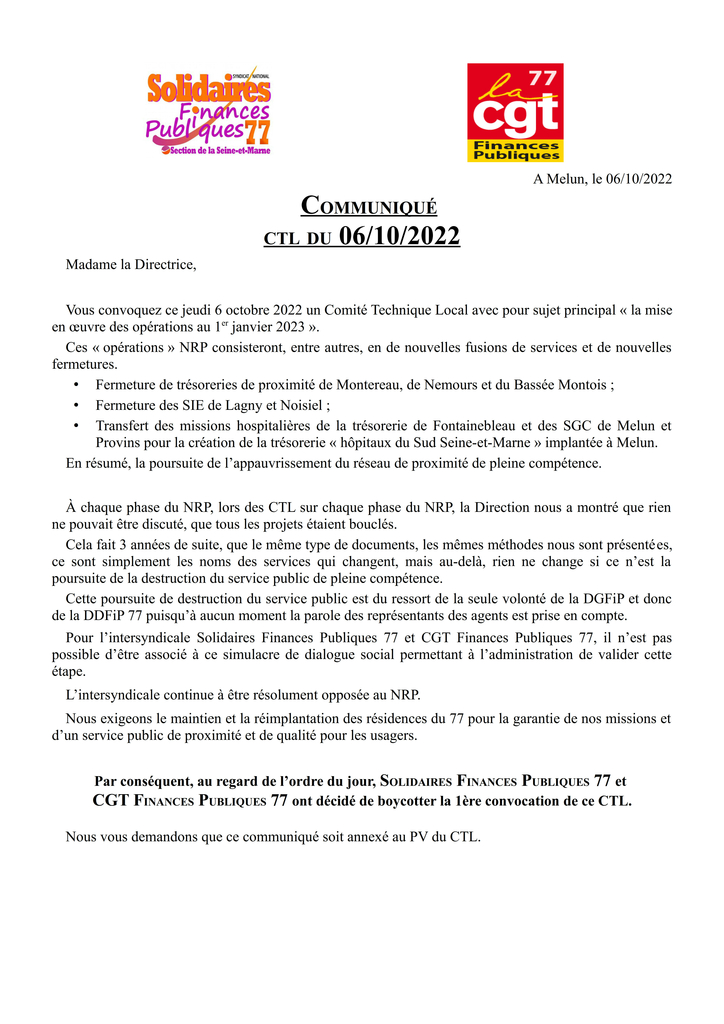 Communiqué intersyndical Solidaires CGT CTL du 6 10 2022