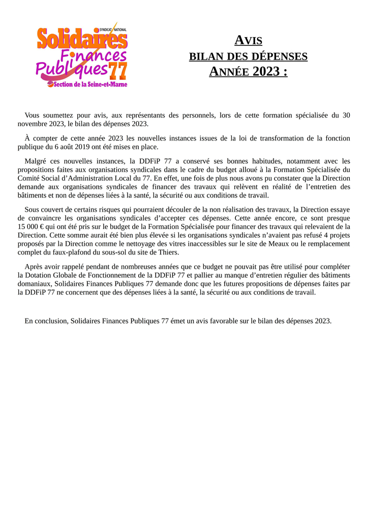 Avis Bilan des dépenses 2023