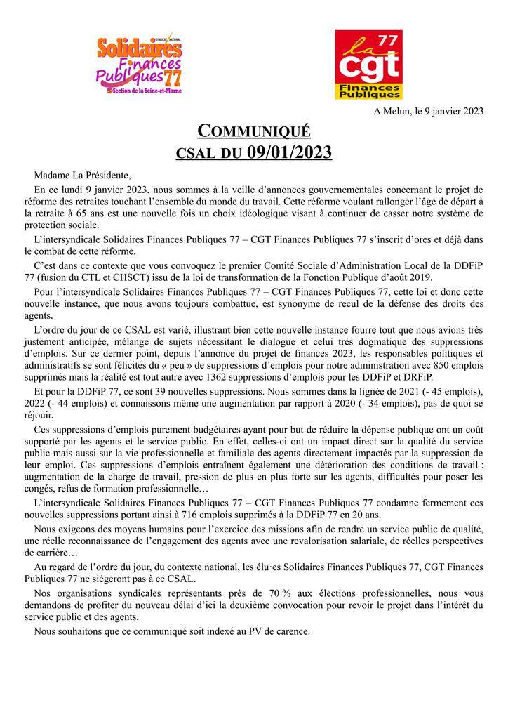 Communiqué intersyndicale SFP 77 CGT Finances Publiques 77 2023 01 09