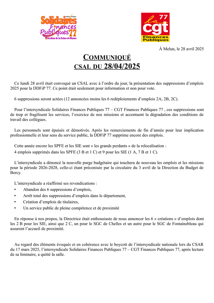 Communiqué CSAL 2025 04 28