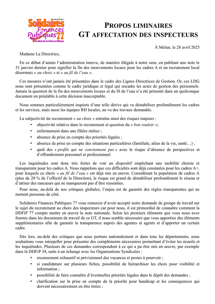 Propos liminaires GT affectation inspecteurs