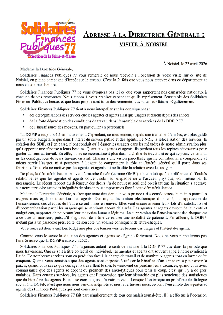 Adresse à la Directrice Générale visite à noisiel