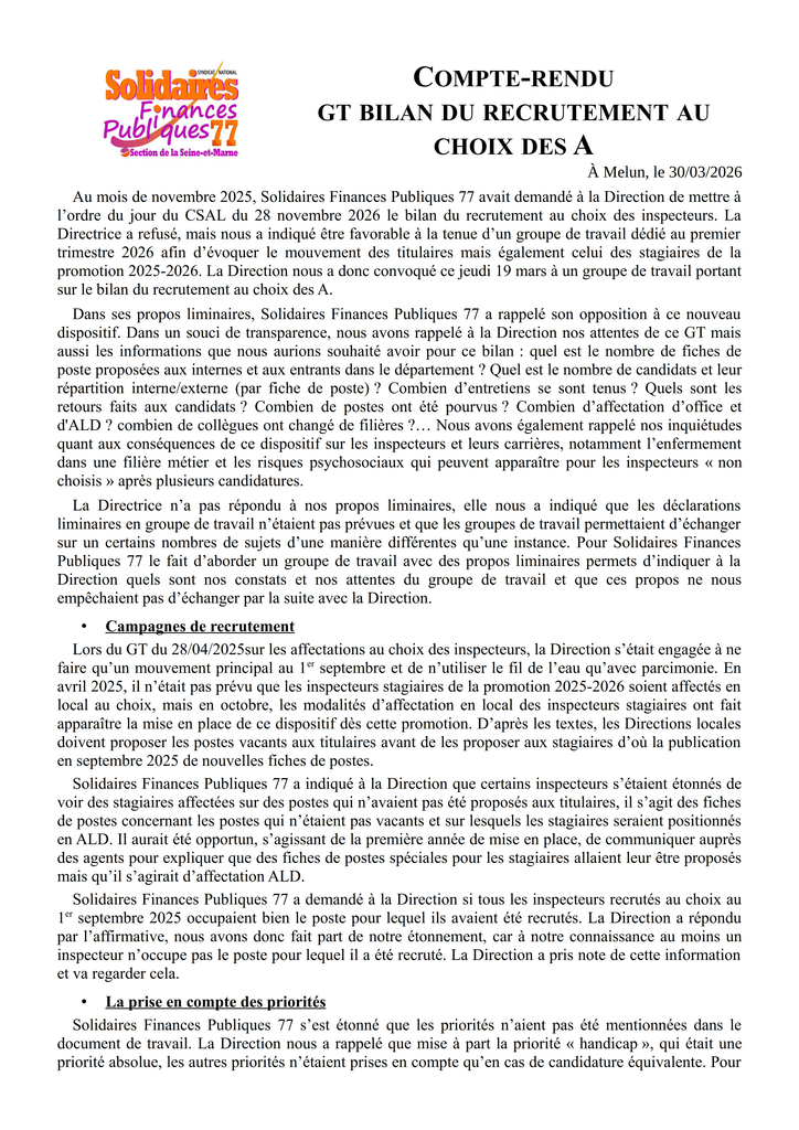 CR GT bilan du recrutement au choix des A