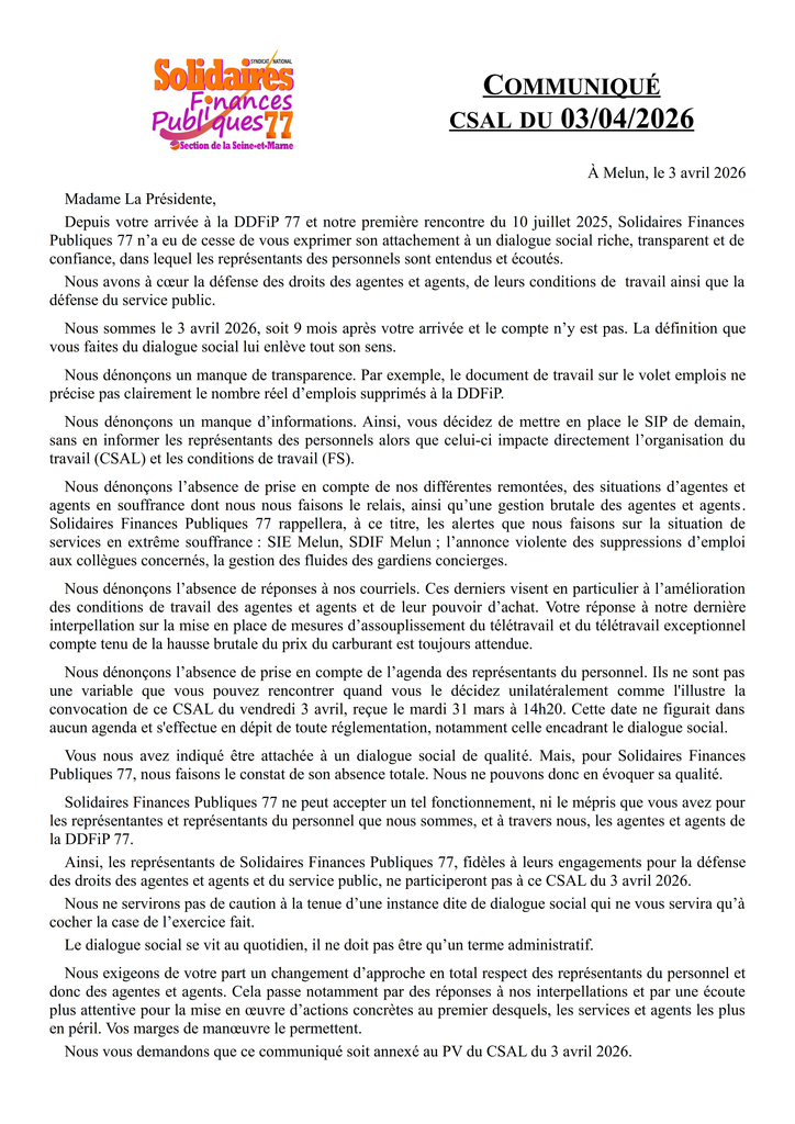 Communiqué CSAL 2026 04 03 2