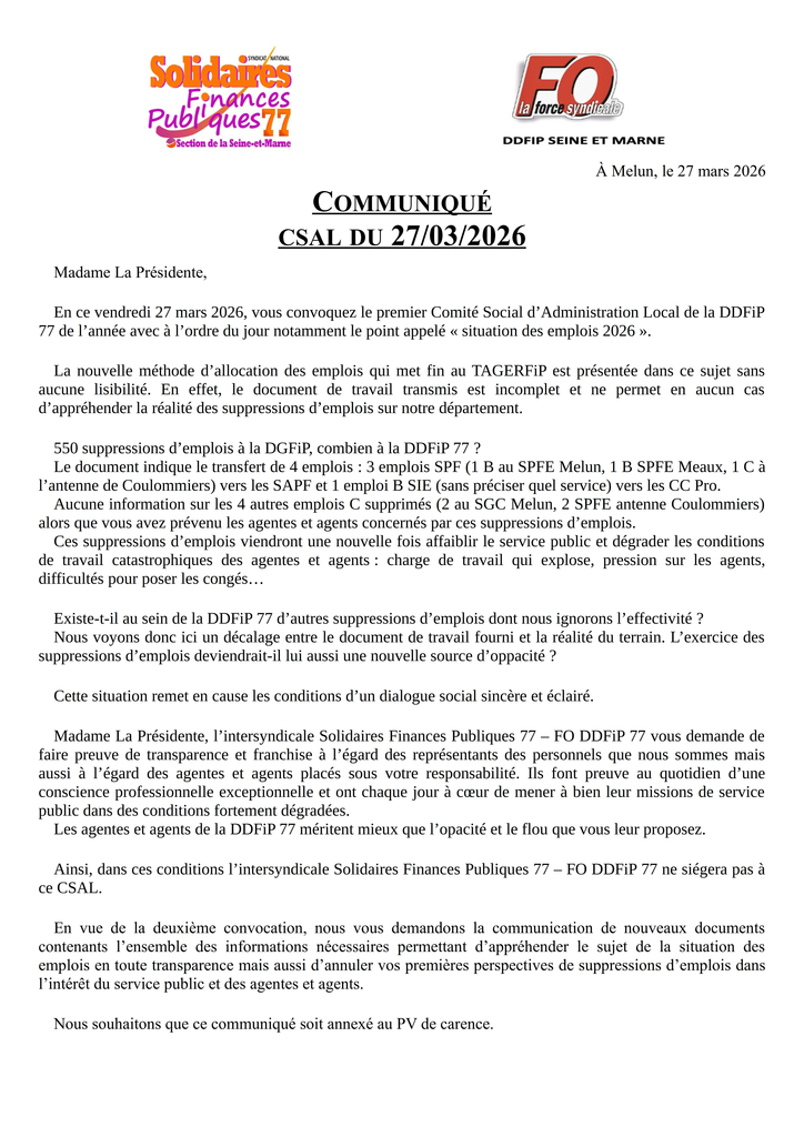 Communiqué de Boycott 2026 03 27