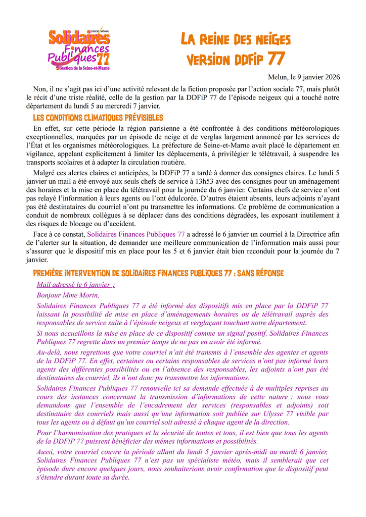 La reine des neiges version DDFiP 77 2