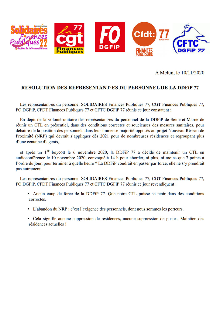 RESOLUTION DES REPRESENTANTS DU PERSONNEL DE LA DDFIP 77 CTL DU 10 11 2020 2 1