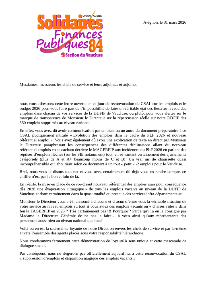 Lettre ouverte chefs de service DDFIP84 emplois 2026 0001