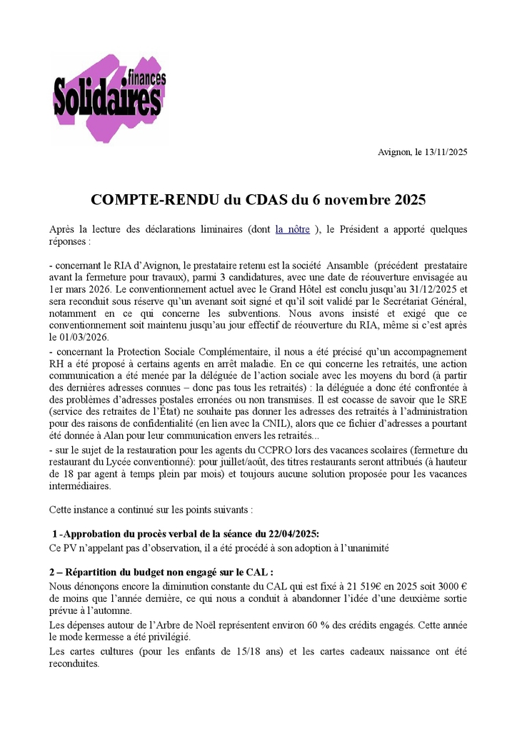 Solidaires Finances compte rendu CDAS 06 11 25