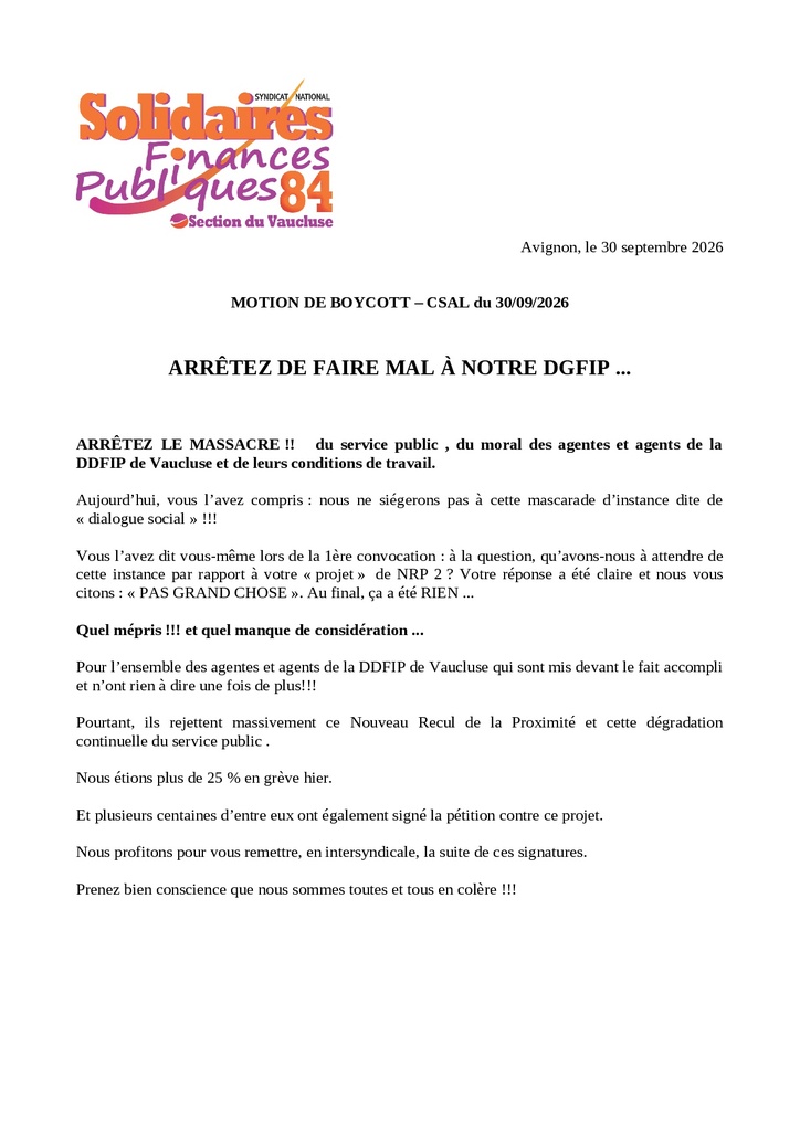 Solidaires motion boycott CSAL 30 09 2026