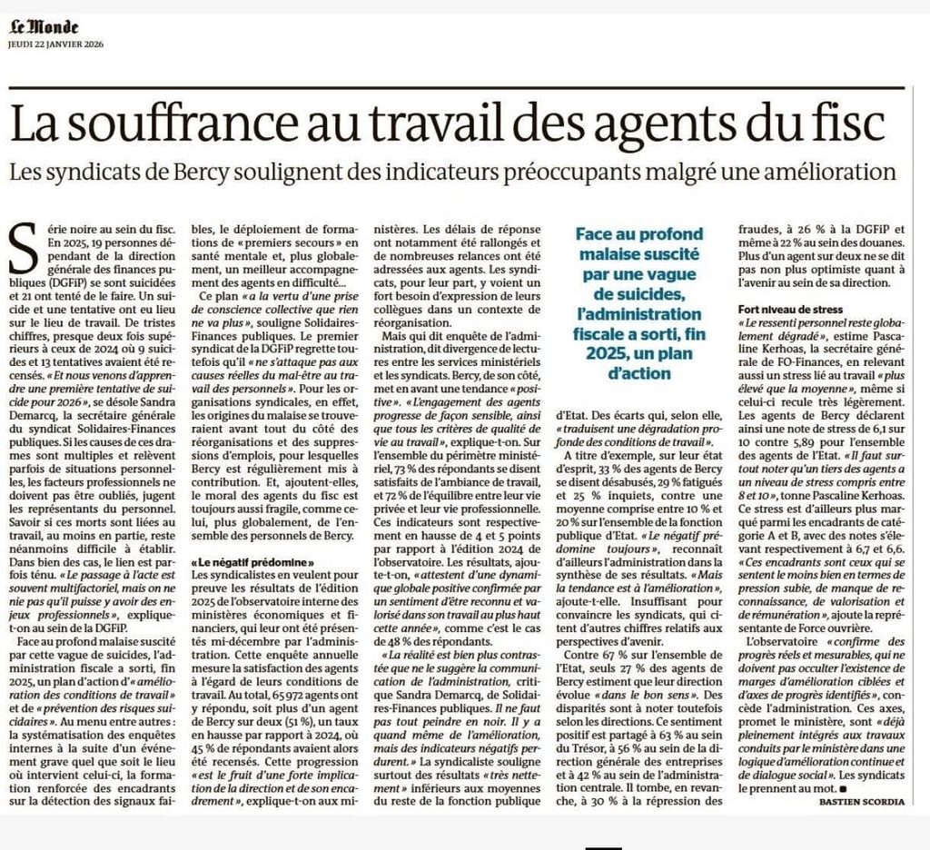 article du Monde du 22 01 2026 La souffrance au travail des agents du fisc