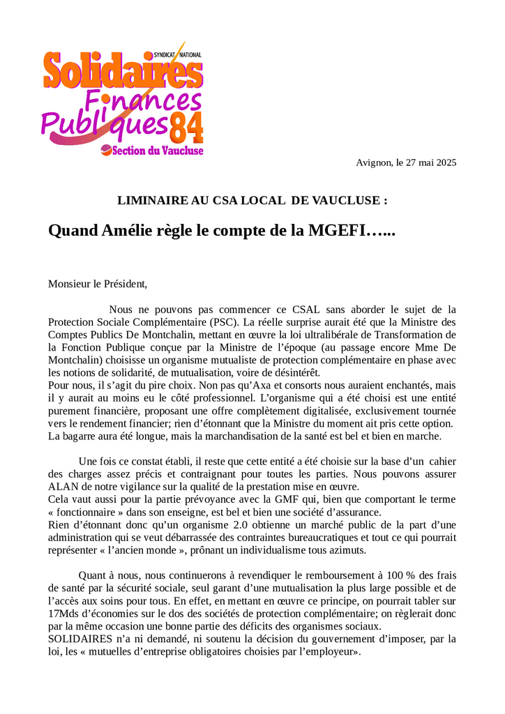 liminaire SOLIDAIRES CSAL 27 05 2025
