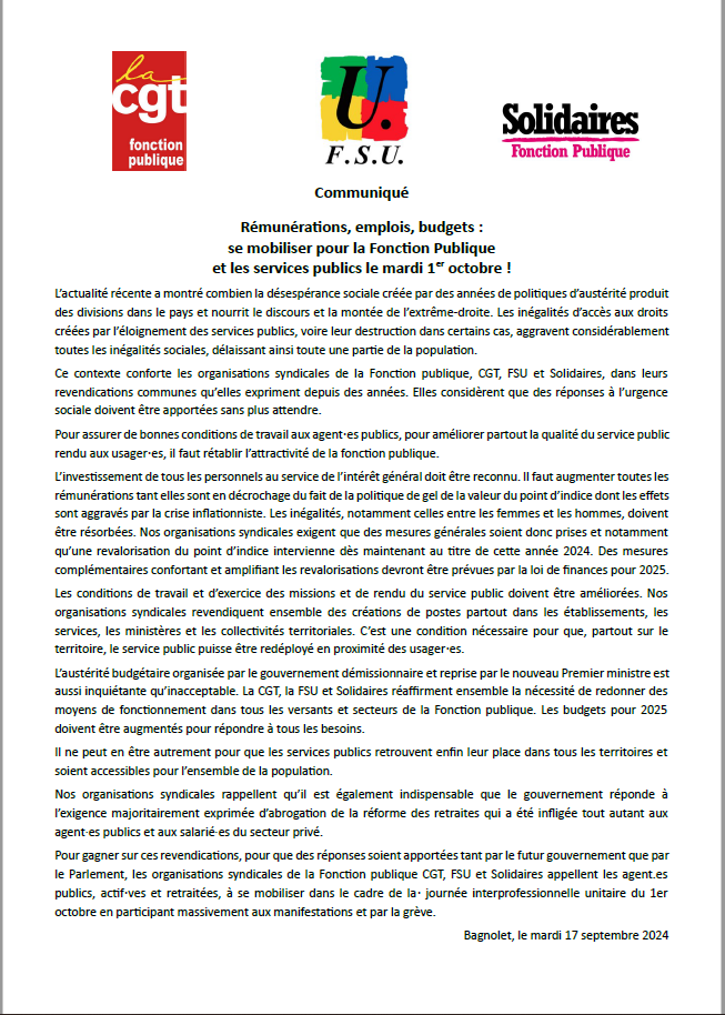 Communiqué Fonction Publique 1er octobre