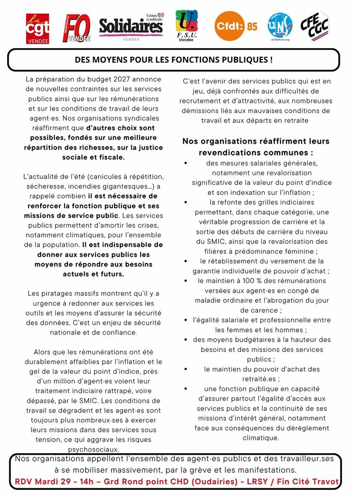 Communiqué intersyndicale Vendée 29 septembre 2026
