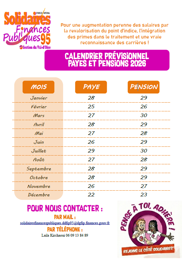 calendrier paie et pension