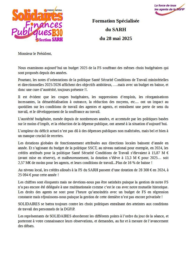 250528 Liminaire FS Budget SARH