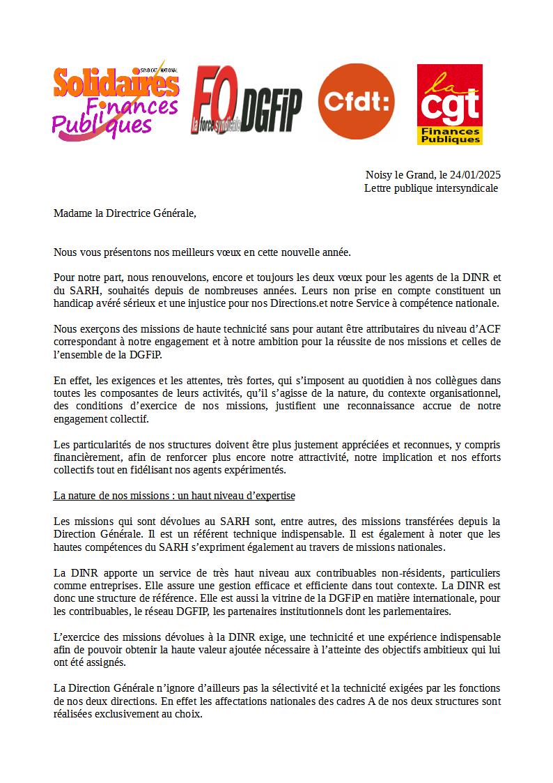 Lettre Publique Intersyndicale DINR SARH Directrice Générale DGFIP
