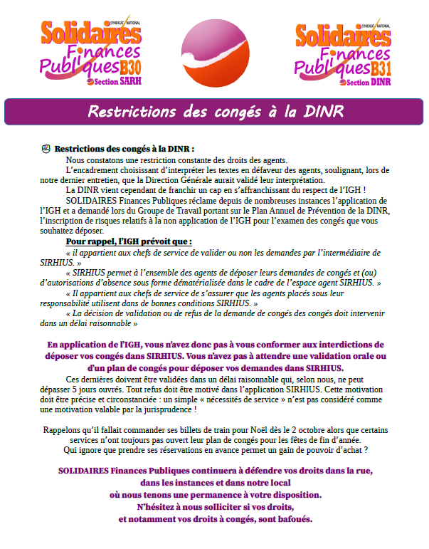 Restrictions des congés à la DINR