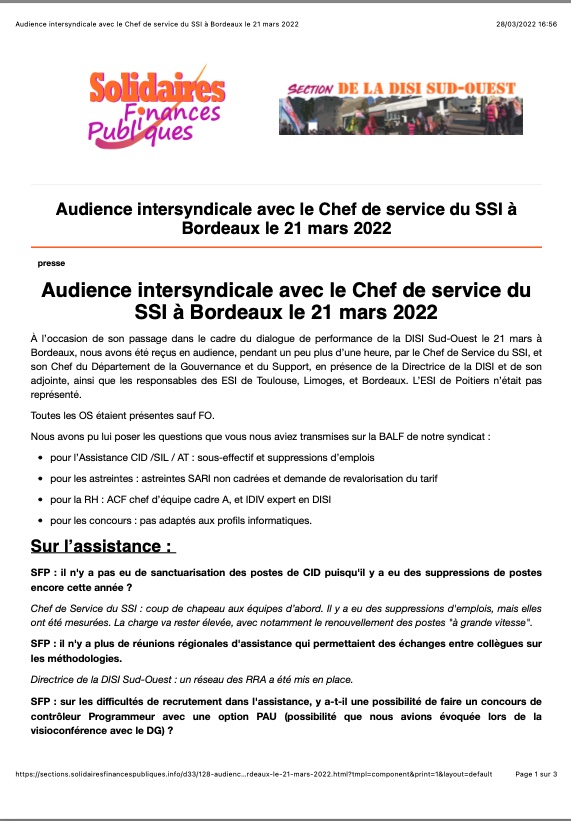 Audience intersyndicale avec le Chef de service du SSI à Bordeaux le 21 mars 2022