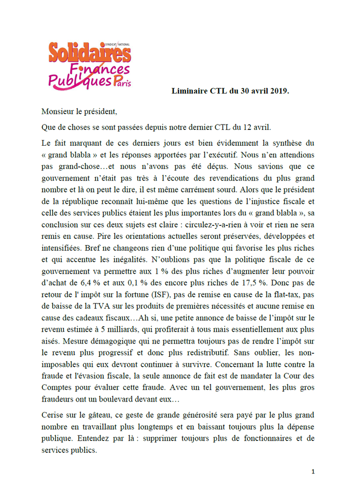 Liminaire CTL 30 avril 2019