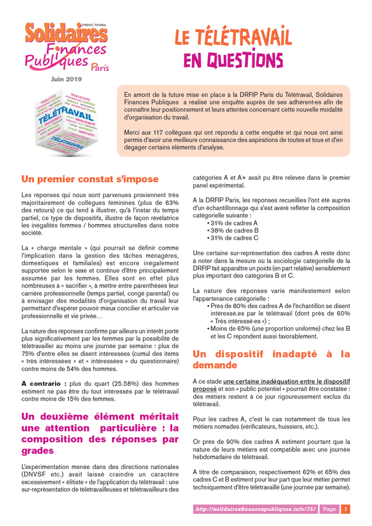 Solidaires Finances Publiques Paris Teletravail Retours Sur Notre Questionnaire