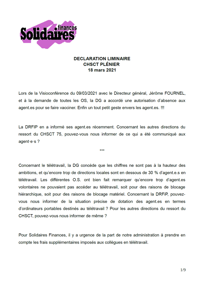 CHSCT du 18 mars Liminaire