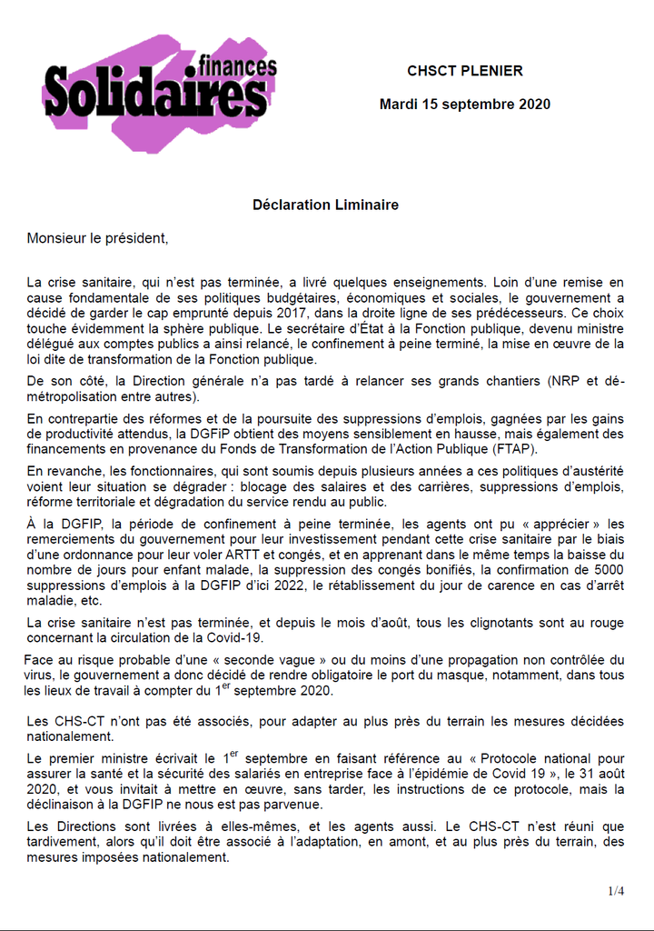 Liminaire CHSCT 15 septembre