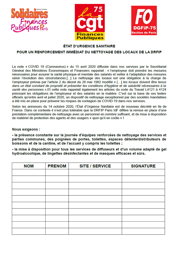 PetitionSolidairesCGTFP nettoyageDRFIP