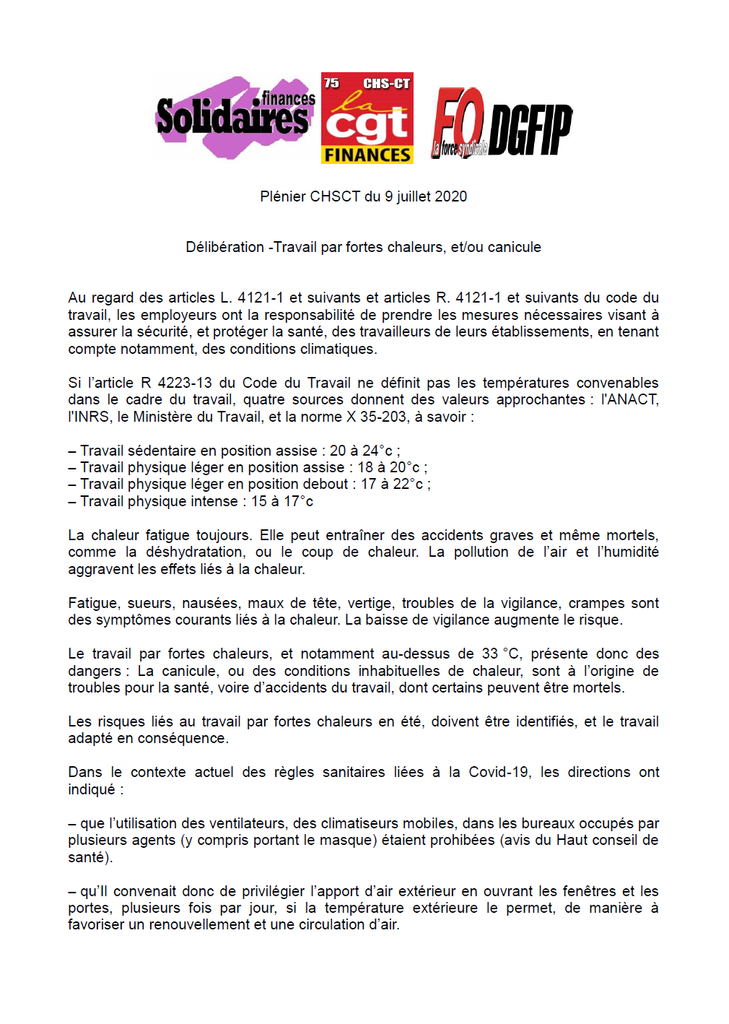 délibération travail fortes chaleurs canicule