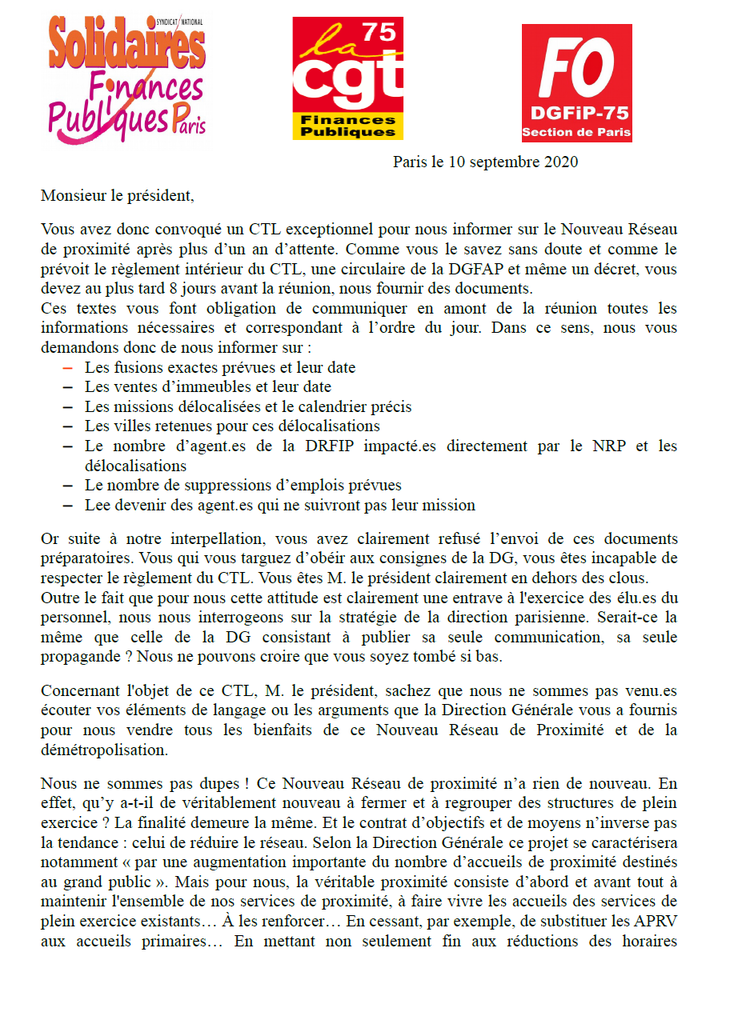 Liminaire intersyndicale 10 septembre