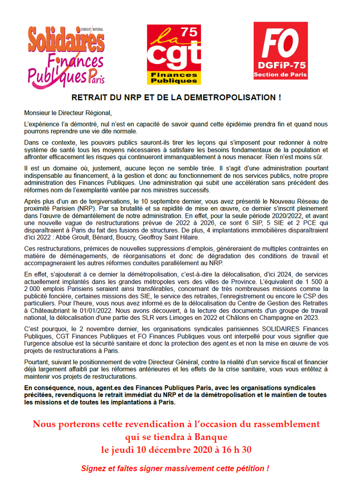 Pétition intersyndicale NRP